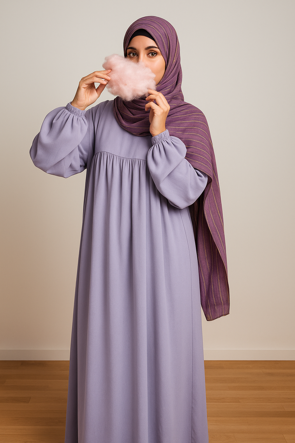 Periwinkle Abaya & Plum Stripe Scarf Set