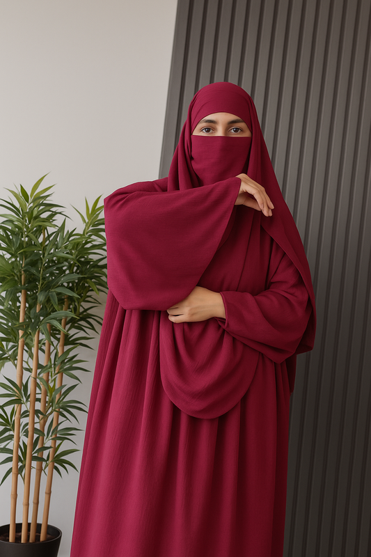 Crimson Berry One-Piece Jilbab Set with Matching Niqab