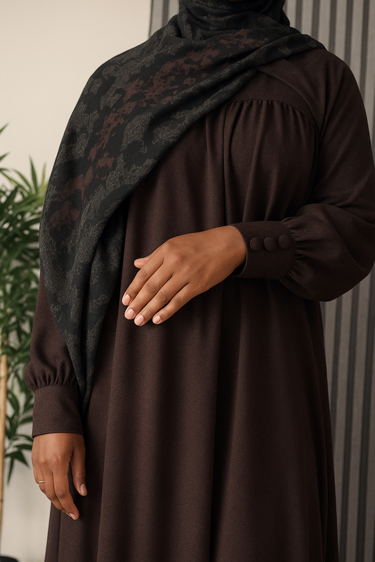 Deep Cocoa Abaya & Charcoal Camouflage Scarf Set