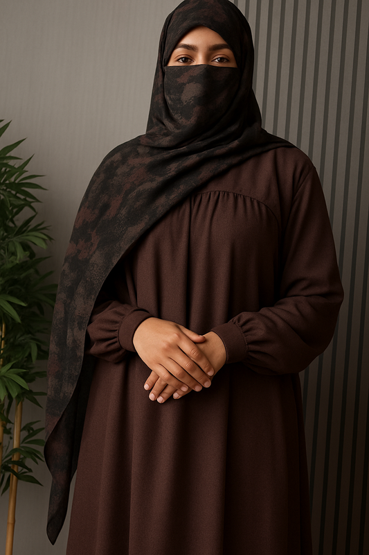 Deep Cocoa Abaya & Charcoal Camouflage Scarf Set