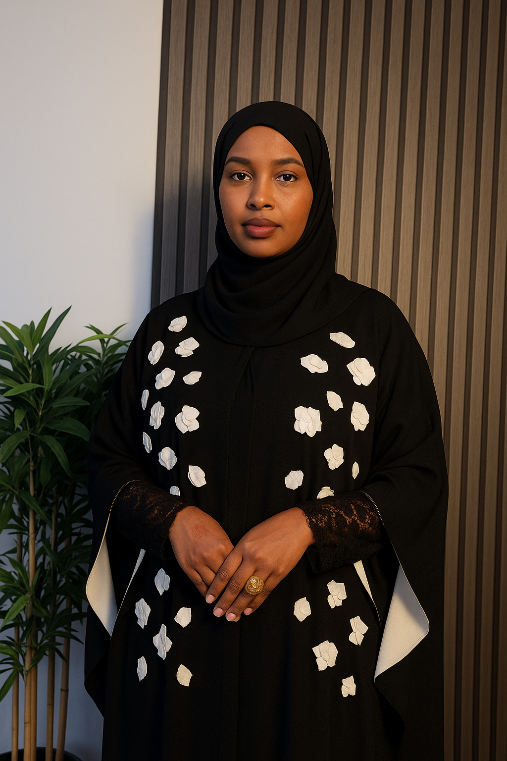 Black Rose Abaya with White Petal Embroidery & Lace Sleeves – Timeless Elegance